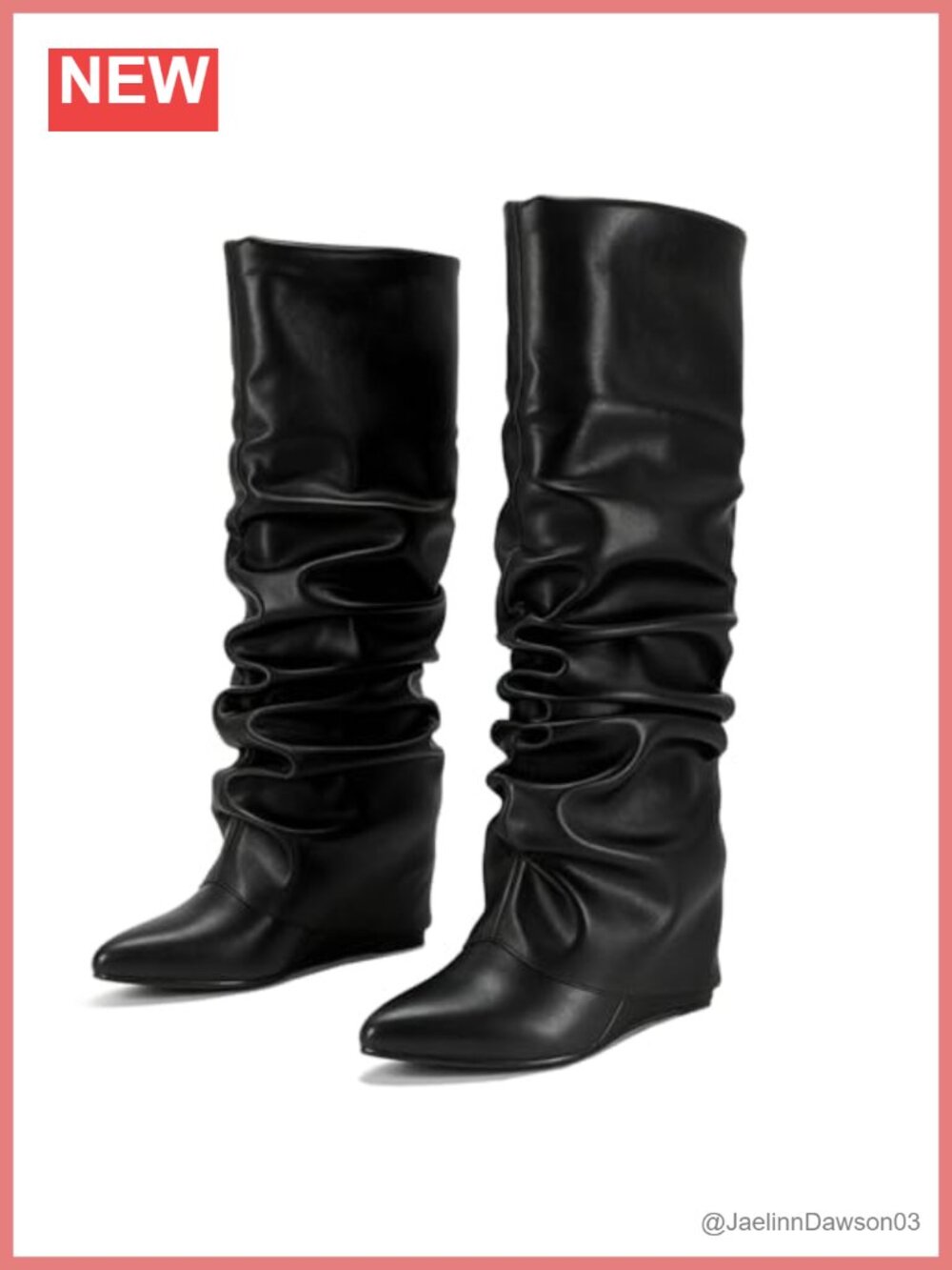 Fold Over Knee High Boots Slouched Wedge Heel Pointed Toe Faux Leather